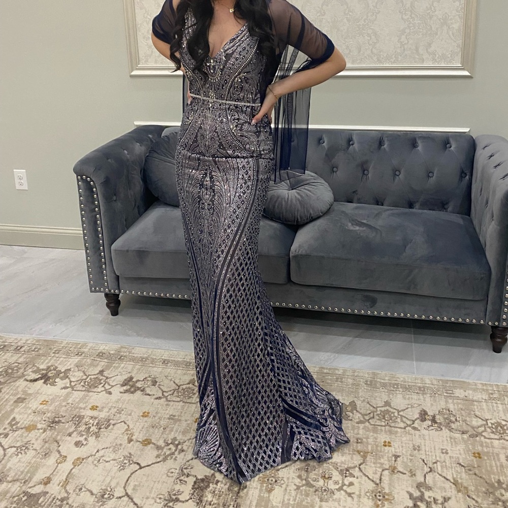 Jovani silver and Navy elegant dress with matching scarf